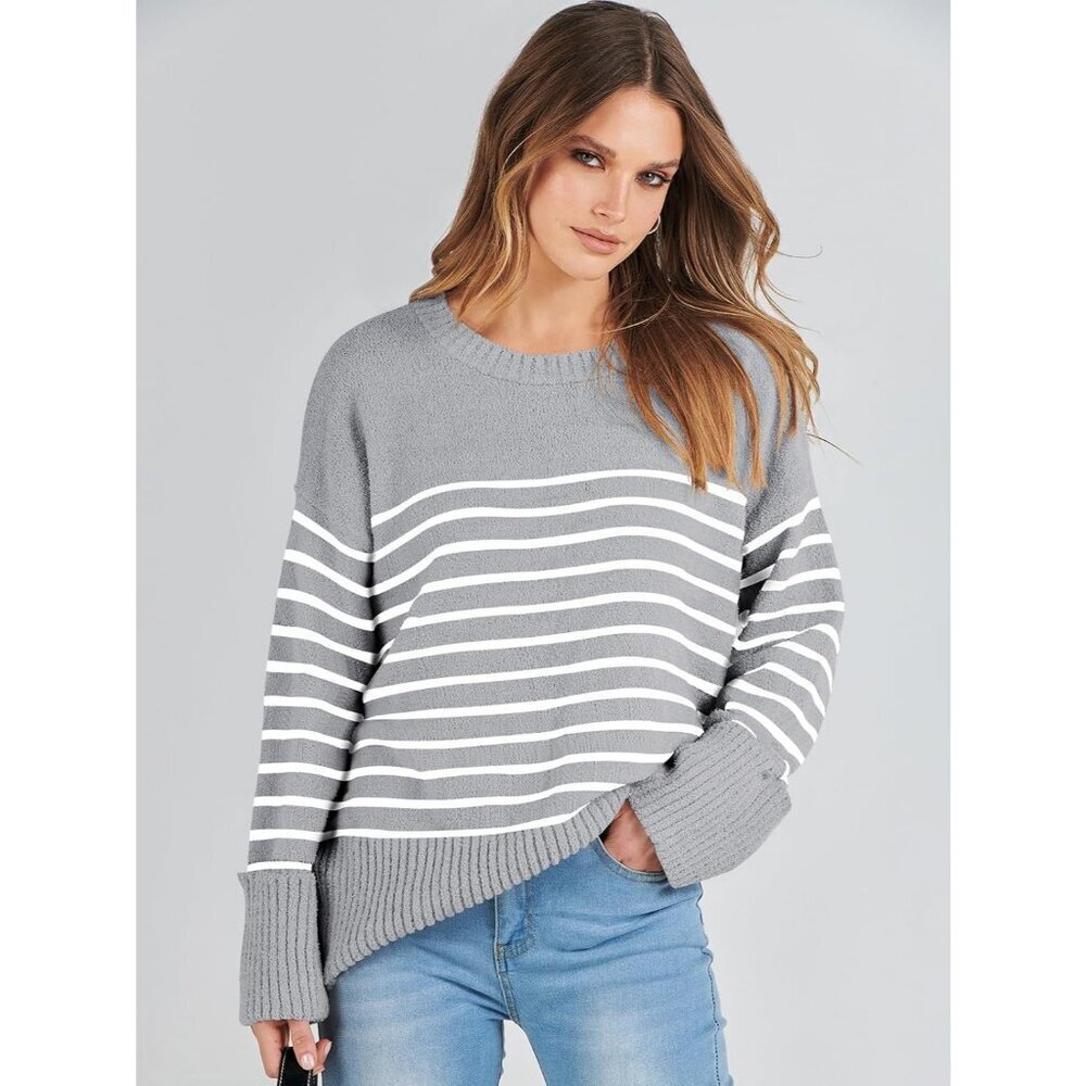 Women's Grey White Stripe Oversized Long Sleeve Casual Fuzzy Knit Sweaters - Picture 4 of 9